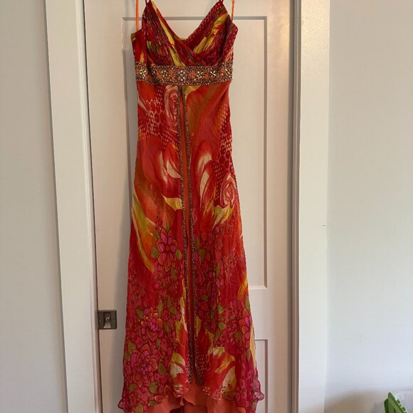sue wong orange dress Sue Wong Silk Orange Abstract Print Sun Dress